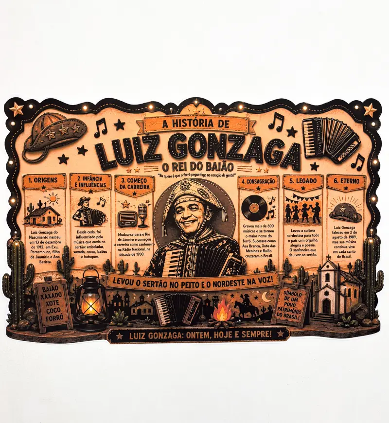 Painel Luiz Gonzaga: História e Cultura Nordestina em PDF — amostra 5: Apresente a trajetória de Luiz Gonzaga com um painel…