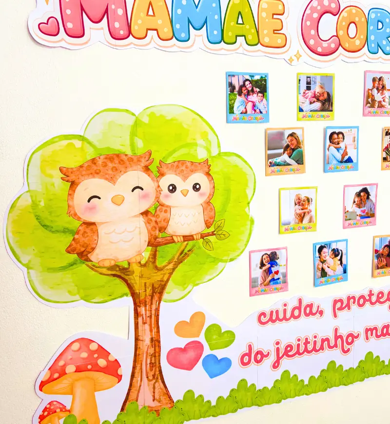 Painel Mamãe Coruja: homenagem com fotos para o Dia das Mães — amostra 1: Painel Mamãe Coruja para o Dia das Mães