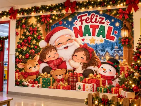 Painel Natalino Fofo para Escola – Feliz Natal — amostra 1: PAINEL NATALINO FOFO PARA ESCOLA – FELIZ NATAL COM PAPAI NOEL