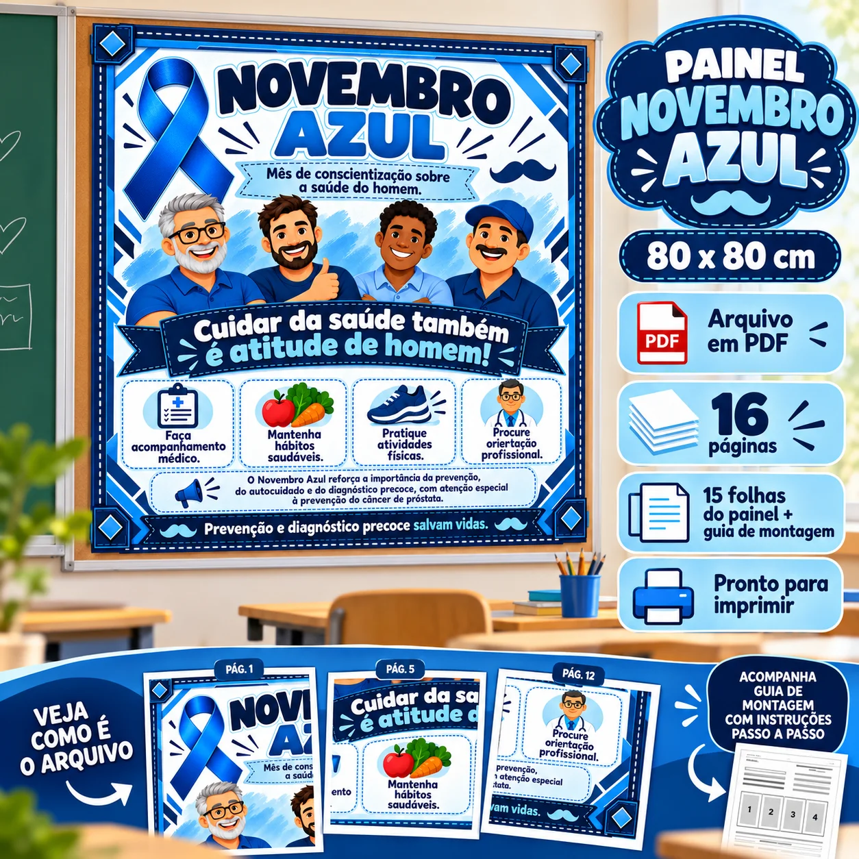 Painel Novembro Azul 80x80 cm – Decoração Escolar em PDF — amostra 1: Painel Novembro Azul: Conscientização e Cuidado com a…