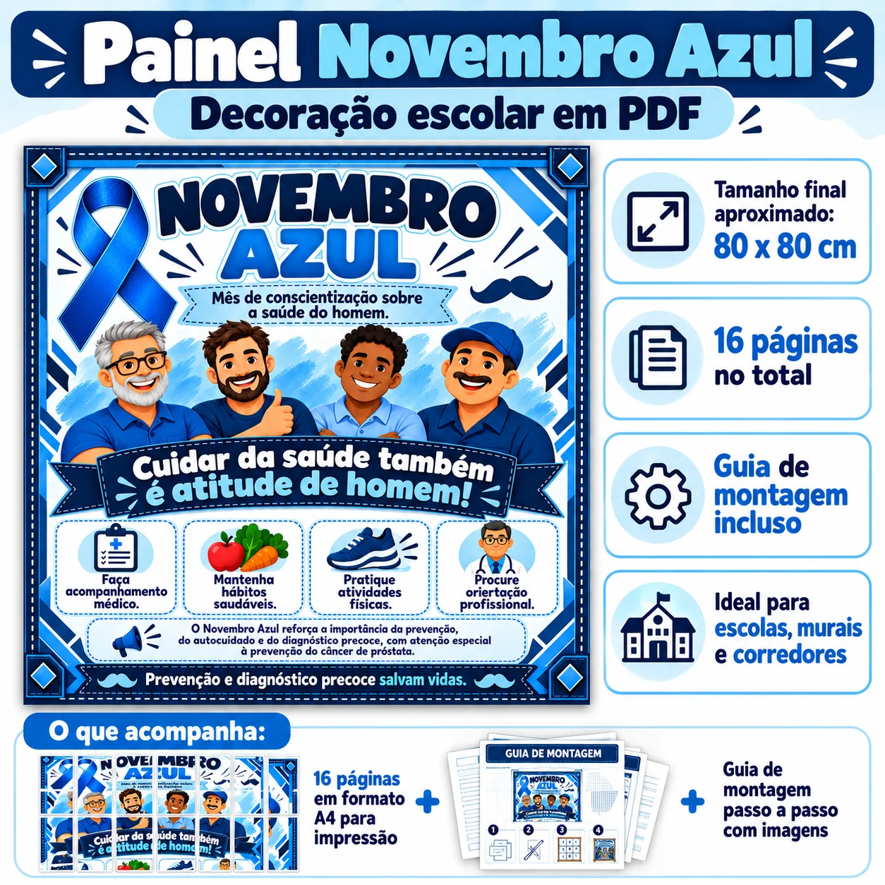 Painel Novembro Azul 80x80 cm – Decoração Escolar em PDF — amostra 2: Painel Novembro Azul: Conscientização e Cuidado com a…
