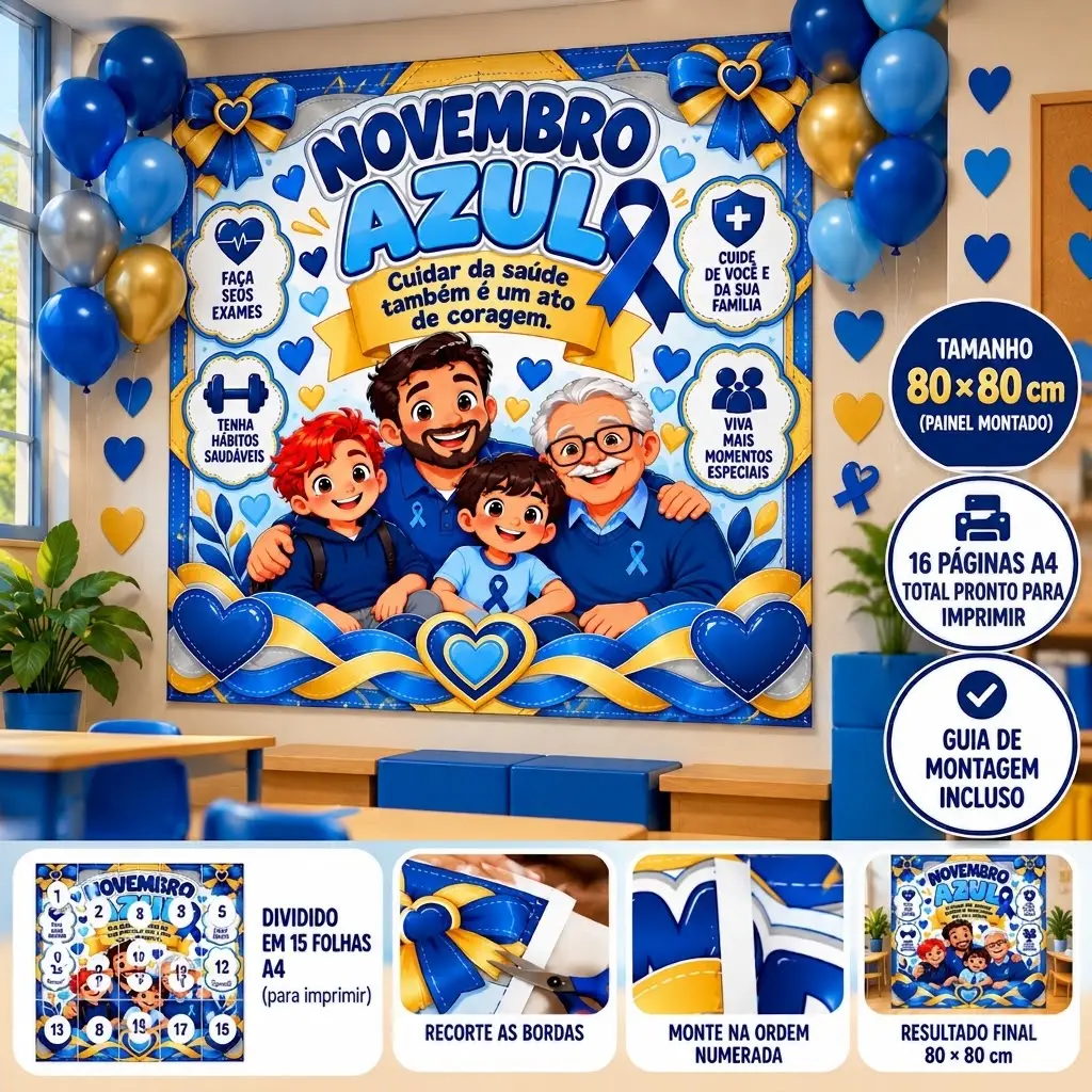 Painel Novembro Azul 80x80cm - PDF para Imprimir e Montar — Datas comemorativas para Todas as séries: Destaque a campanha…