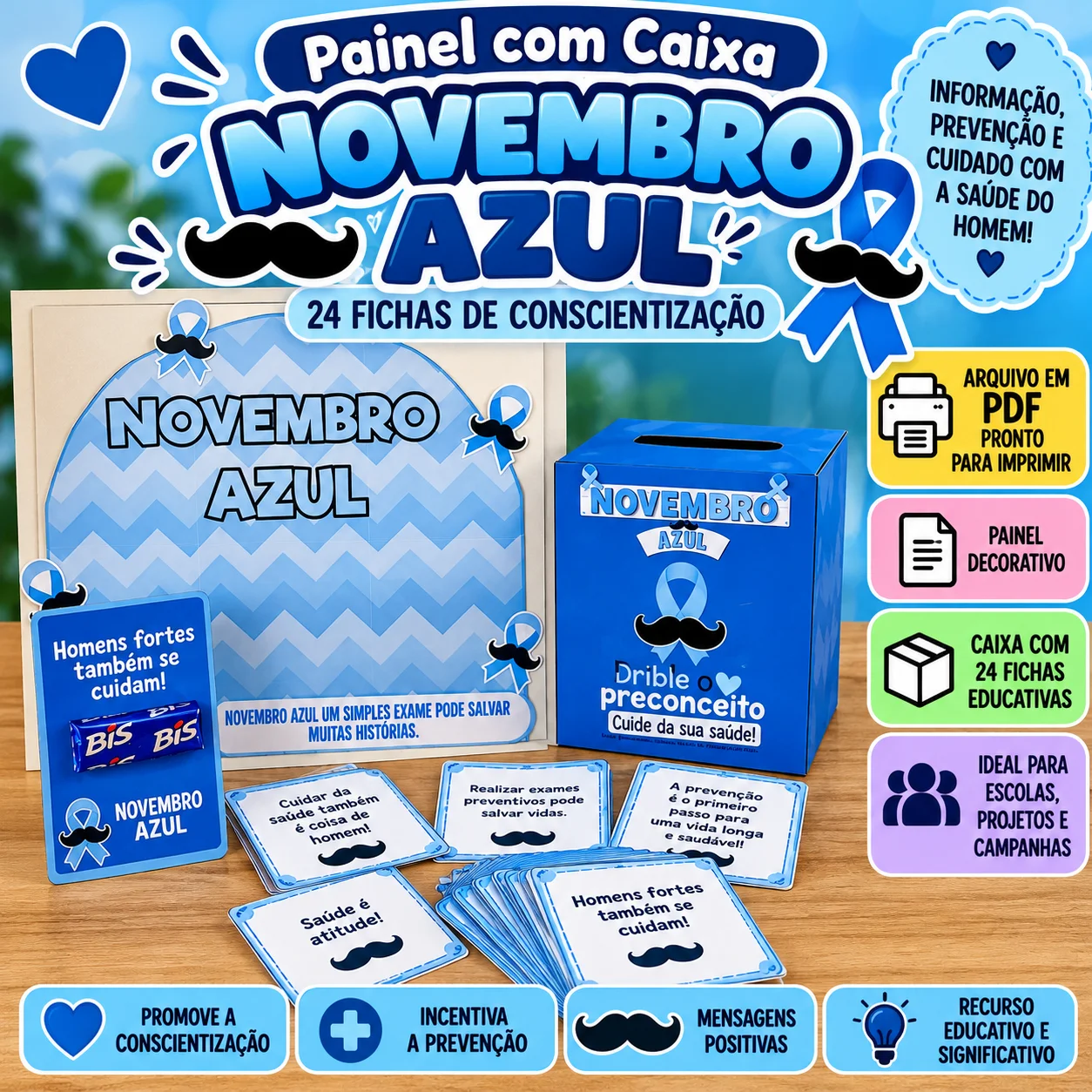Painel Novembro Azul com Caixa e 24 Fichas Educativas — capa do material