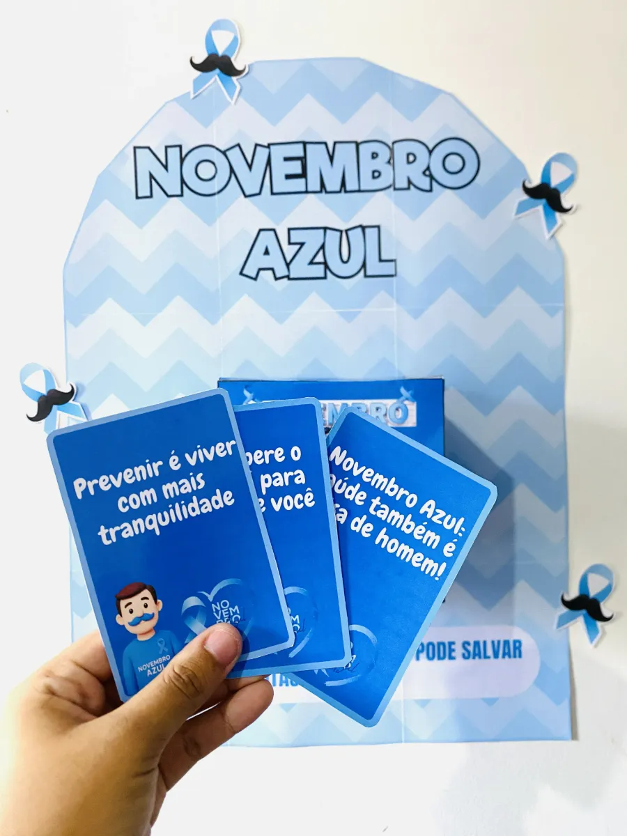 Painel Novembro Azul Educativo com Fichas para Conscientização — amostra 1: Painel Novembro Azul com caixa especial e 24…