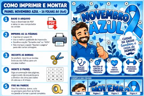 Painel Novembro Azul mais lembrancinhas PDF — amostra 3: Kit Novembro Azul para Imprimir | Painel 4x4 com 16 Folhas A4,…