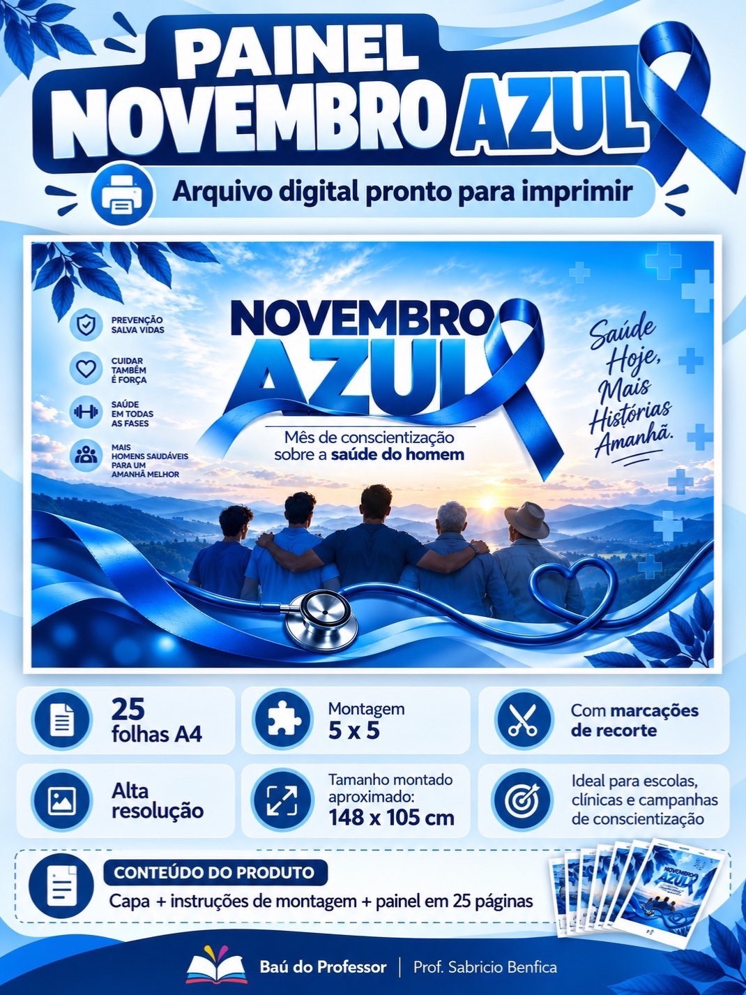 Painel Novembro Azul – Saúde do Homem | 25 Folhas A4 — amostra 1: Painel Novembro Azul para imprimir em 25 folhas A4