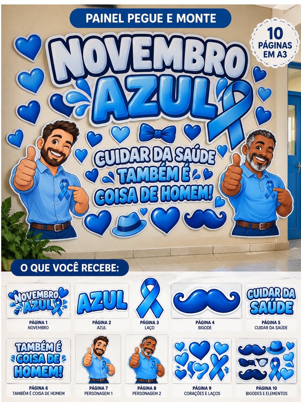 Painel Novembro Azul Pegue e Monte A3 | Decoração para Imprimir — Atividades para Educação Infantil: Painel Novembro Azul…
