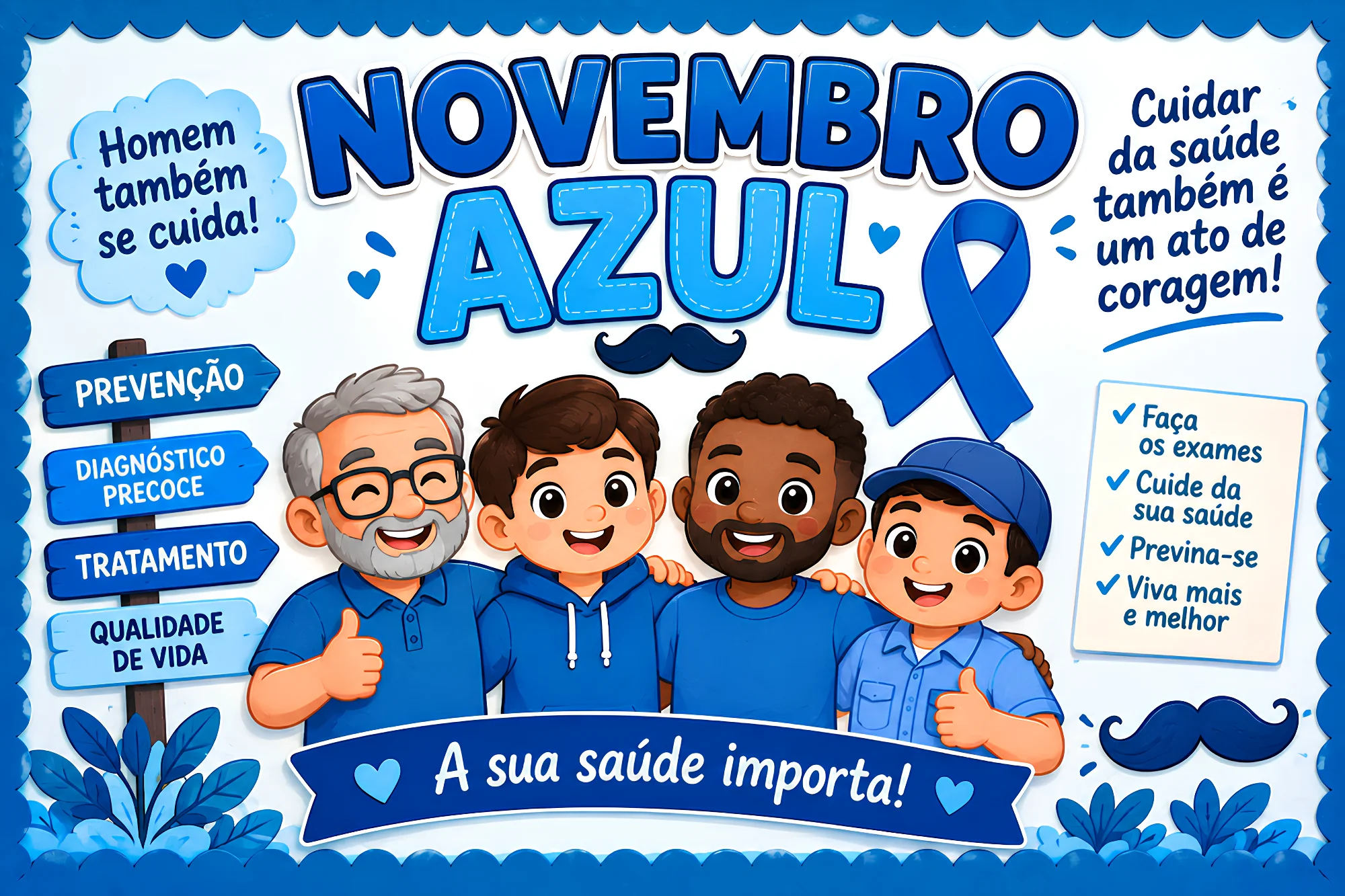 Painel Novembro Azul – Prevenção, Saúde e Qualidade de Vida — amostra 2: Painel Novembro Azul com mensagens de prevenção,…