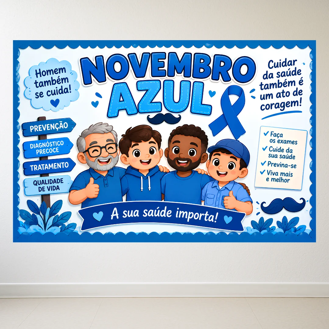 Painel Novembro Azul – Prevenção, Saúde e Qualidade de Vida — amostra 3: Painel Novembro Azul com mensagens de prevenção,…