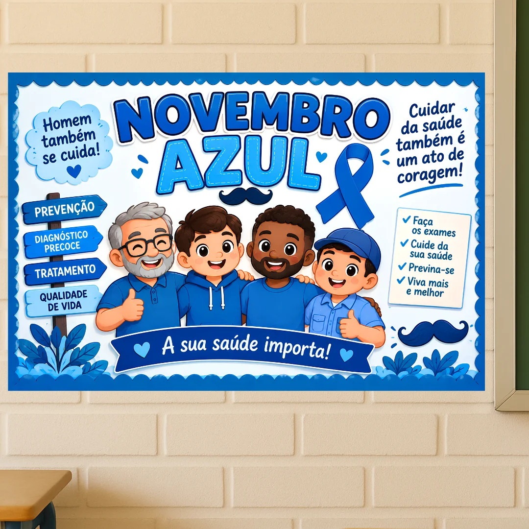 Painel Novembro Azul – Prevenção, Saúde e Qualidade de Vida — amostra 4: Painel Novembro Azul com mensagens de prevenção,…