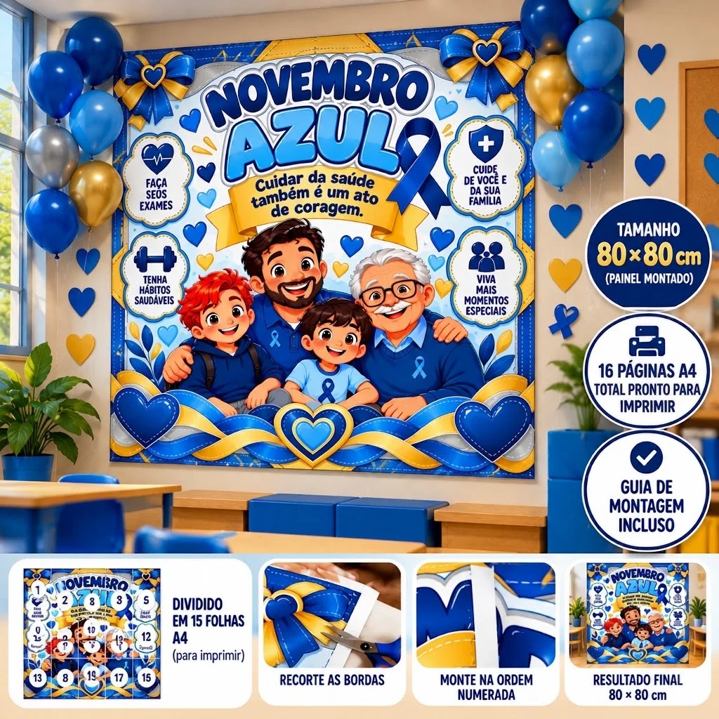 Painel Novembro Azul Quadrado 80x80cm - Mural Escolar PDF — Datas comemorativas para Todas as séries: Surpreenda sua escola…