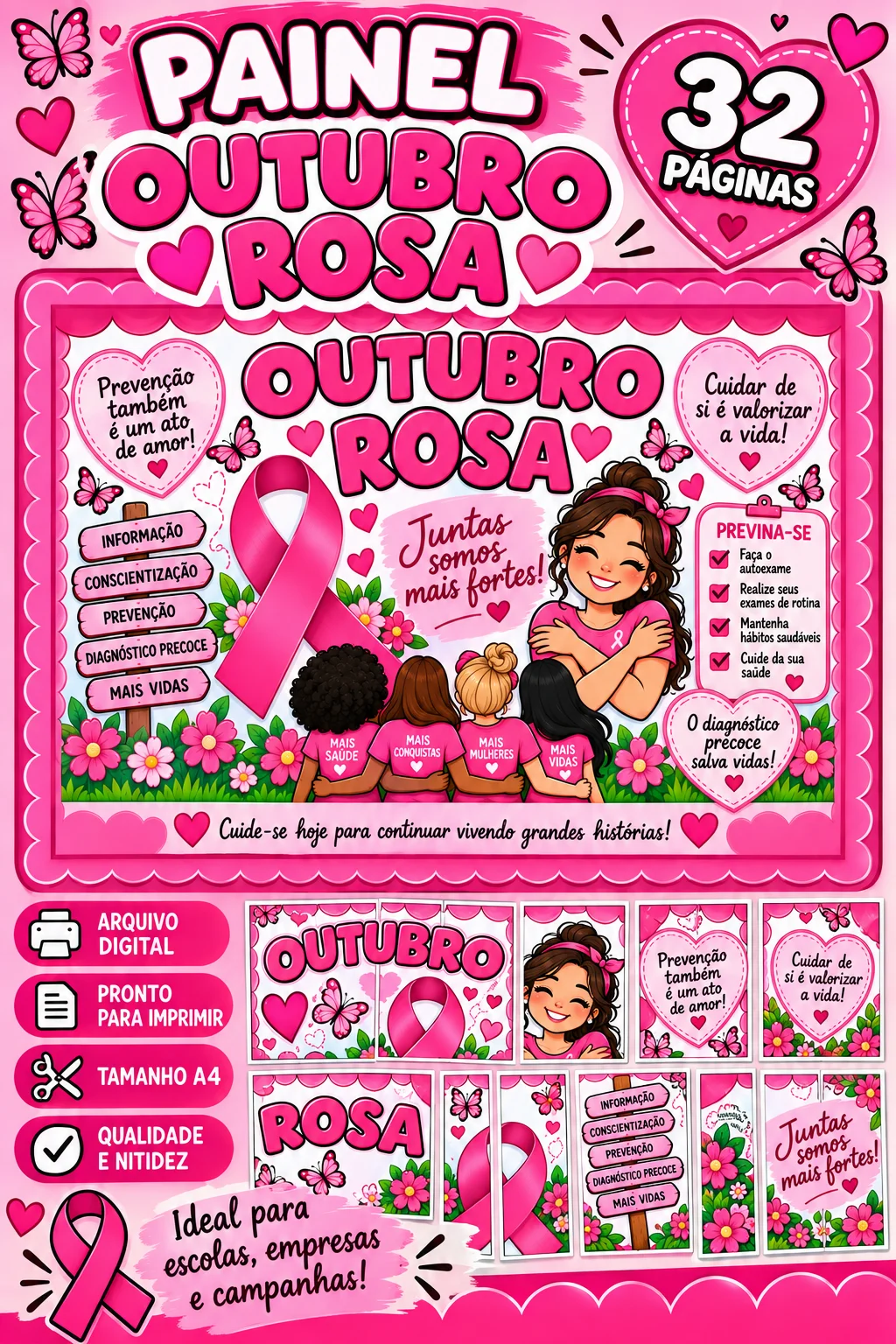 Painel Outubro Rosa 32 páginas Educação Fundamental (cópia) — amostra 4: Painel Outubro Rosa educativo e inclusivo, com…