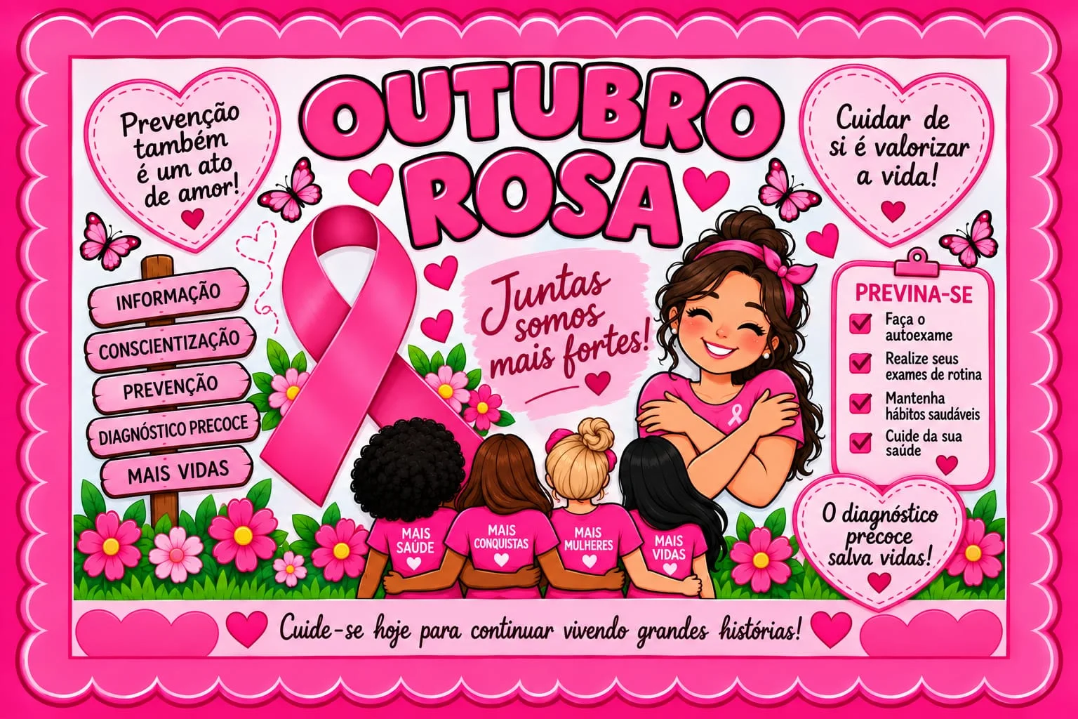 Painel Outubro Rosa 32 páginas Educação Fundamental — amostra 1: Painel Outubro Rosa educativo e inclusivo, com mensagens…