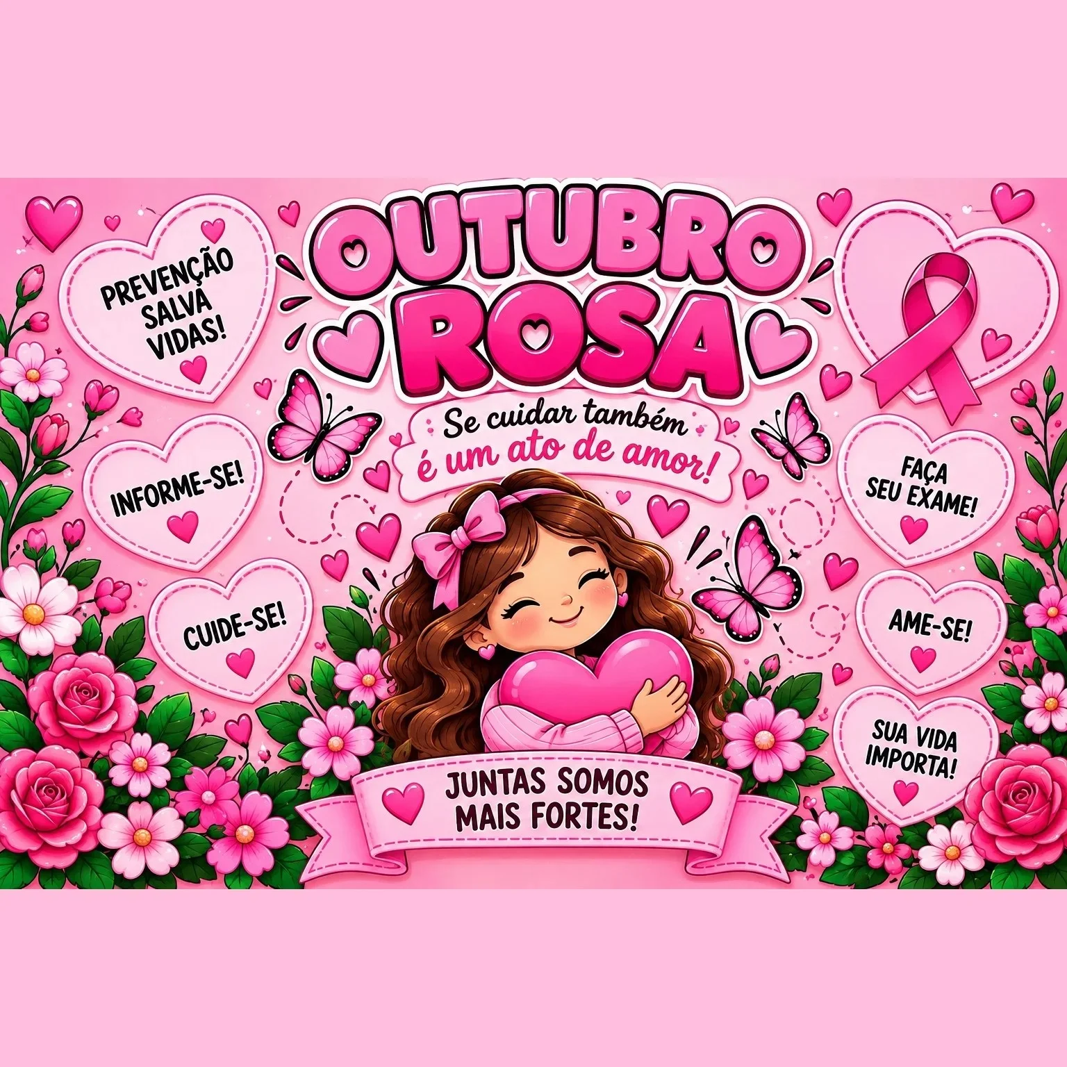 Painel Outubro Rosa colorido em PDF, pronto para imprimir! — amostra 1: Painel Outubro Rosa – Prevenção e Conscientização…