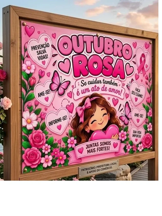 Painel Outubro Rosa colorido em PDF, pronto para imprimir! — amostra 2: Painel Outubro Rosa – Prevenção e Conscientização…