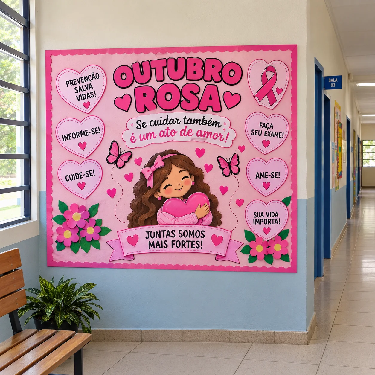 Painel Outubro Rosa colorido em PDF, pronto para imprimir! — amostra 3: Painel Outubro Rosa – Prevenção e Conscientização…