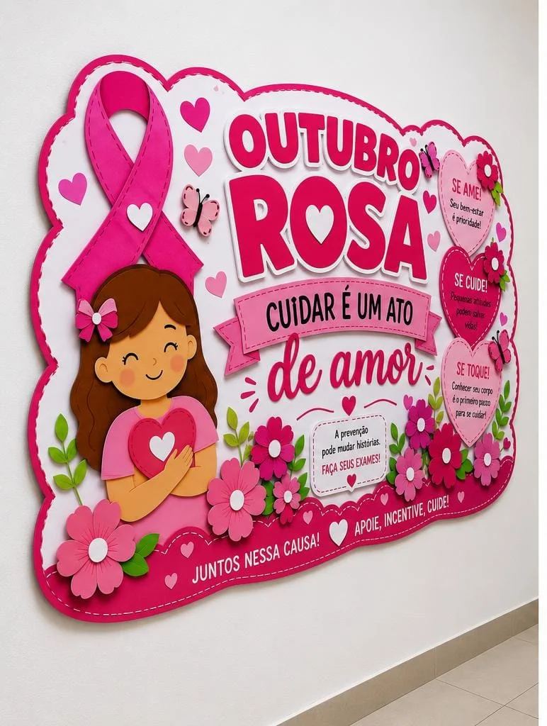 Painel Outubro Rosa – Cuidar é um Ato de Amo — amostra 4: Painel Outubro Rosa em PDF para imprimir e montar