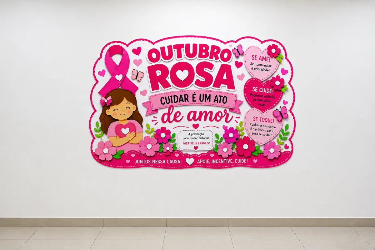 Painel Outubro Rosa – Cuidar é um Ato de Amo — amostra 1: Painel Outubro Rosa em PDF para imprimir e montar