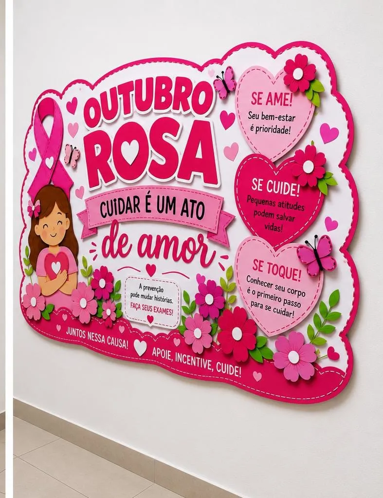 Painel Outubro Rosa – Cuidar é um Ato de Amo — amostra 5: Painel Outubro Rosa em PDF para imprimir e montar