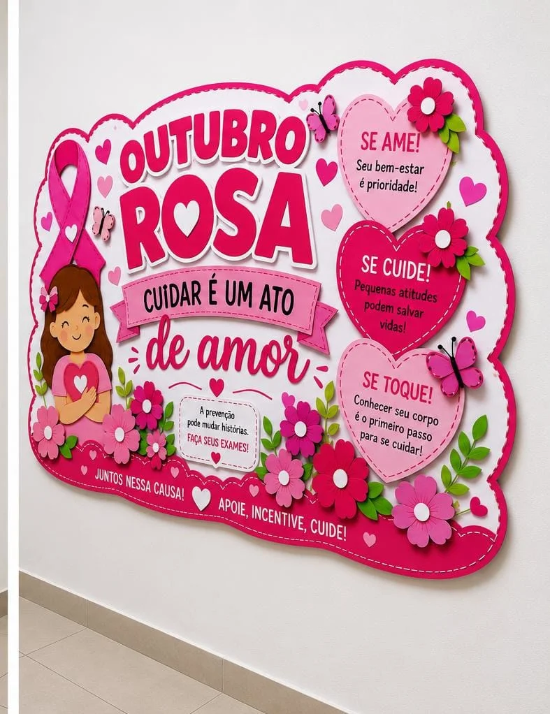 Painel Outubro Rosa – Cuidar É Um Ato de Amor — amostra 4: ✔ Escolas ✔ Salas de aula ✔ Igrejas ✔ Murais e espaços de…