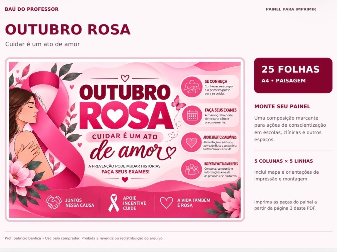 Painel Outubro Rosa Cuidar é um Ato de Amor em PDF — amostra 1: Painel Outubro Rosa em PDF com 30 folhas A4 para escolas,…