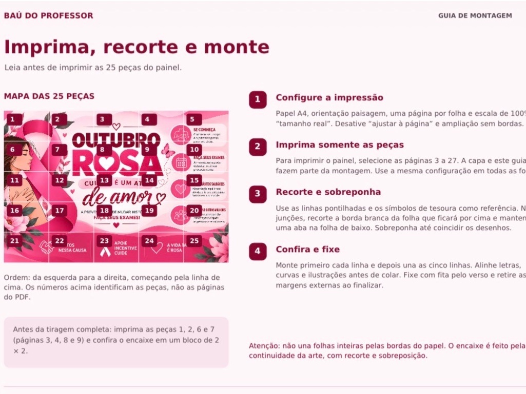 Painel Outubro Rosa Cuidar é um Ato de Amor em PDF — amostra 2: Painel Outubro Rosa em PDF com 30 folhas A4 para escolas,…