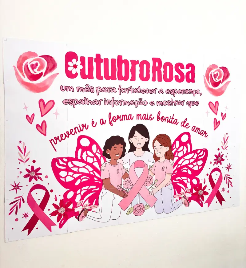 Painel Outubro Rosa em PDF — amostra 1: Um painel que traz a frase: “Outubro Rosa: um mês para fortalecer a esperança,…