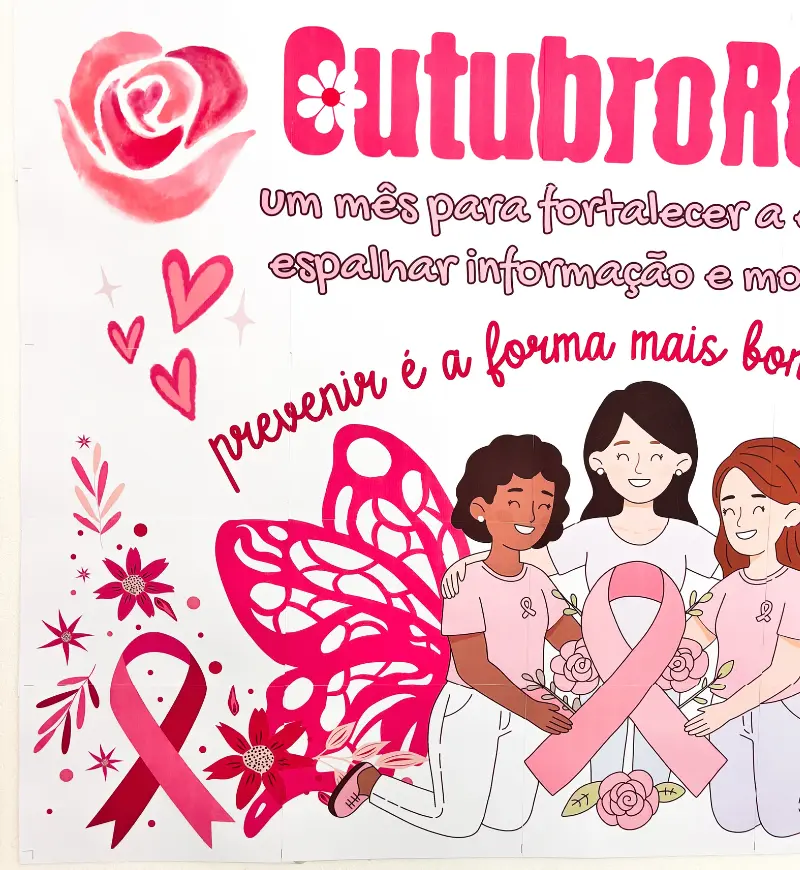 Painel Outubro Rosa em PDF — amostra 3: Um painel que traz a frase: “Outubro Rosa: um mês para fortalecer a esperança,…