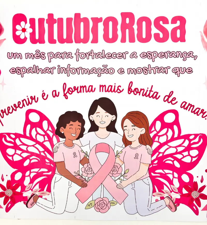 Painel Outubro Rosa em PDF — amostra 5: Um painel que traz a frase: “Outubro Rosa: um mês para fortalecer a esperança,…
