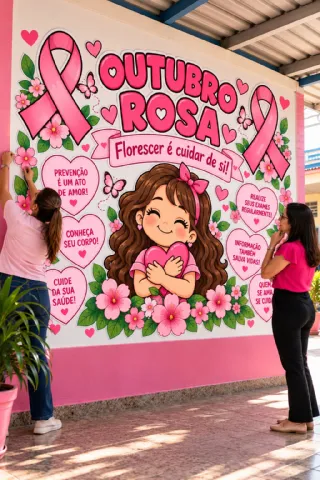 Painel Outubro Rosa – Florescer é Cuidar de Si | Decoração Escolar — amostra 3: Painel digital para o Outubro Rosa, com…
