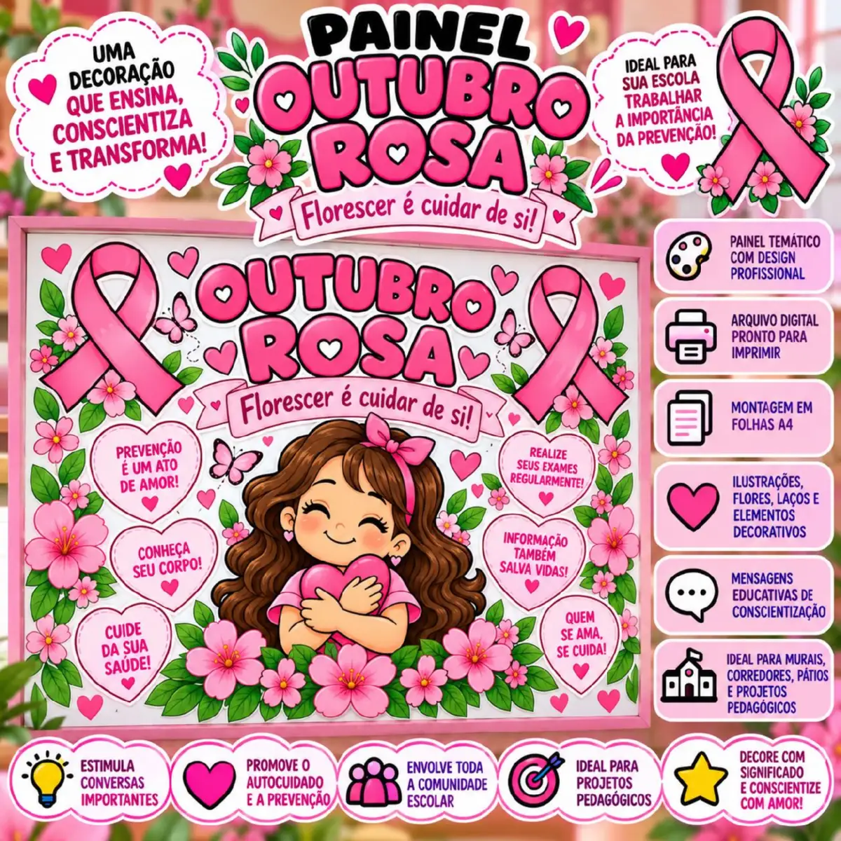 Painel Outubro Rosa – Florescer é Cuidar de Si | Decoração Escolar — Datas comemorativas para Todas as séries: Painel…
