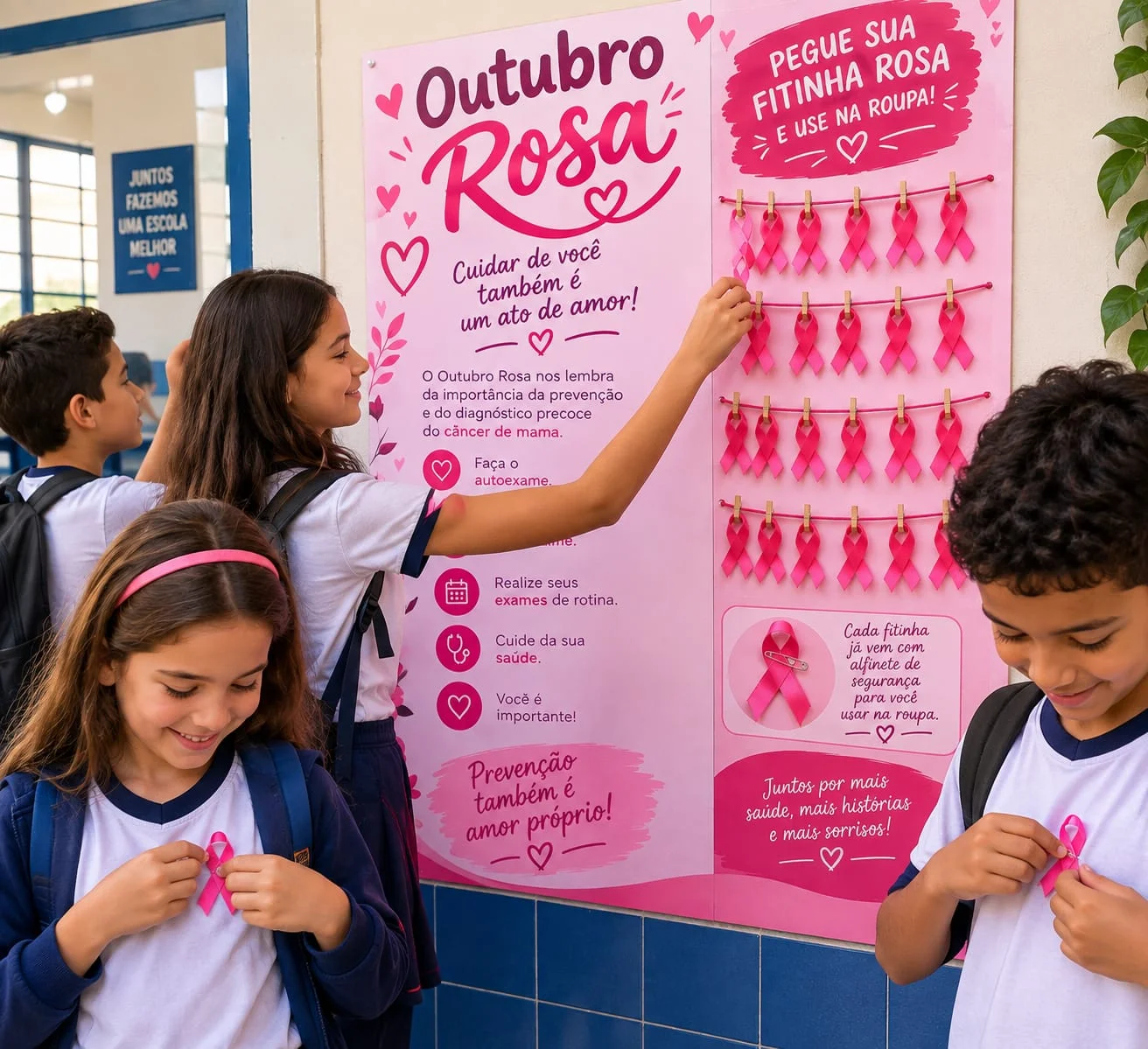Painel Outubro Rosa Interativo – Decoração e Conscientização — amostra 3: A proposta é simples: as pessoas podem retirar…