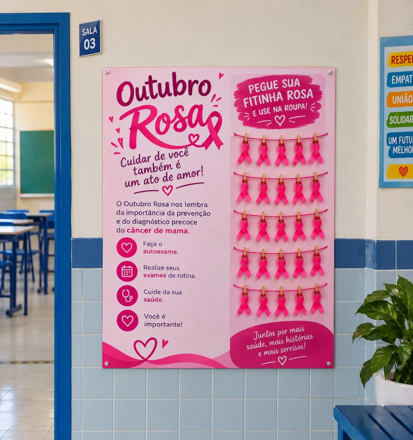Painel Outubro Rosa Interativo – Decoração e Conscientização — amostra 3: Painel Outubro Rosa Interativo com espaço para…