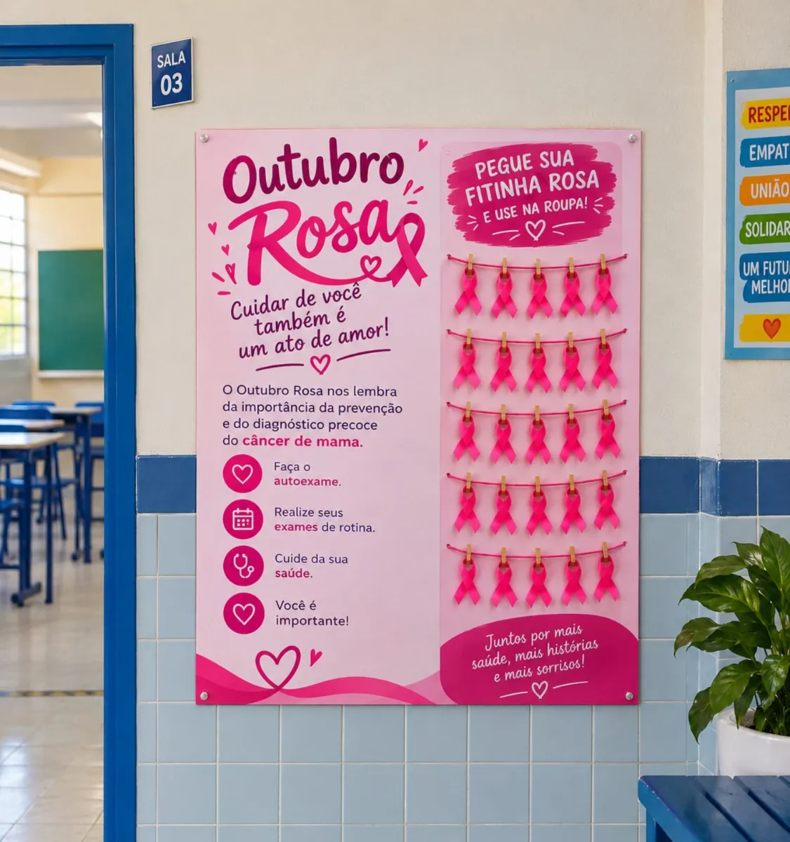 Painel Outubro Rosa Interativo – Decoração e Conscientização — amostra 3: Painel Outubro Rosa Interativo com espaço para…