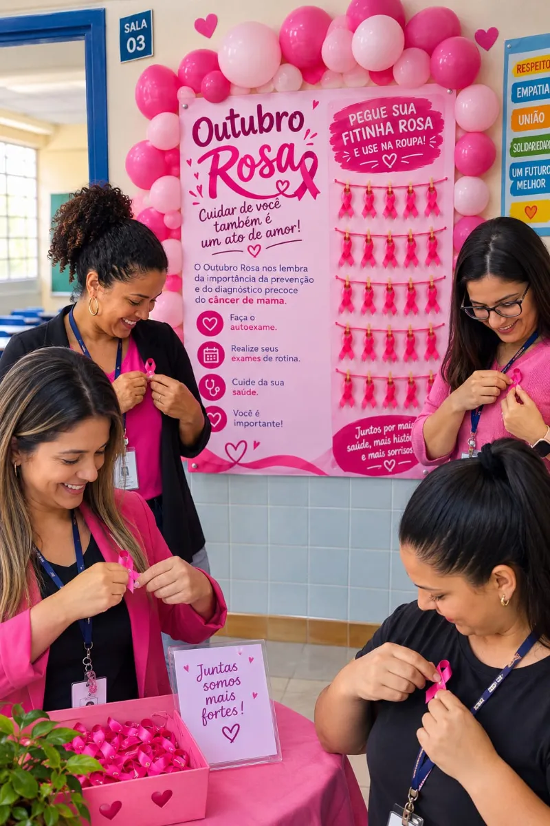 Painel Outubro Rosa Interativo – Decoração e Conscientização — amostra 4: Painel interativo de Outubro Rosa com 7 páginas…