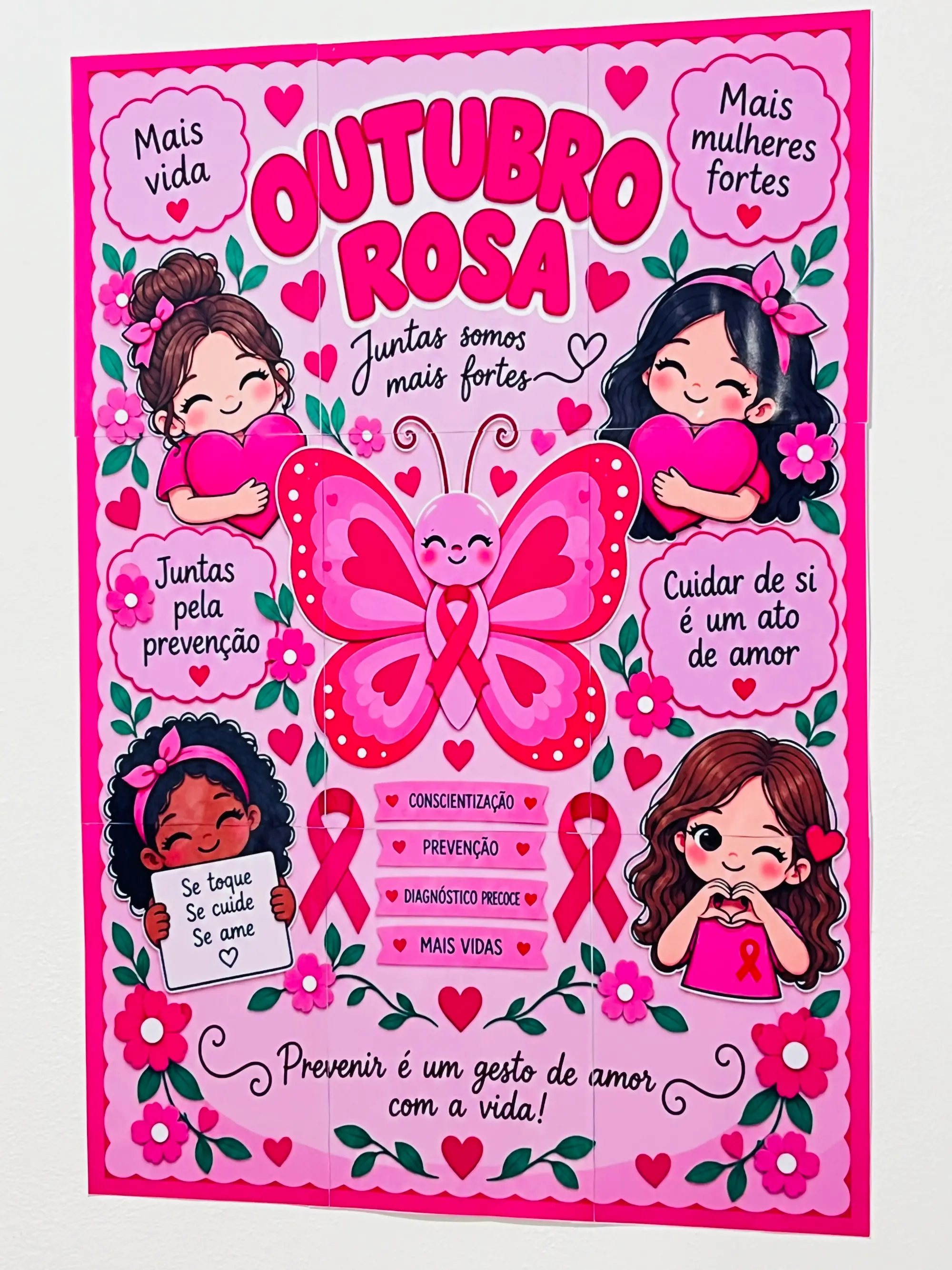 Painel Outubro Rosa – Juntas Somos Mais Fortes — amostra 1: Painel Outubro Rosa para escola, com mensagens de prevenção,…