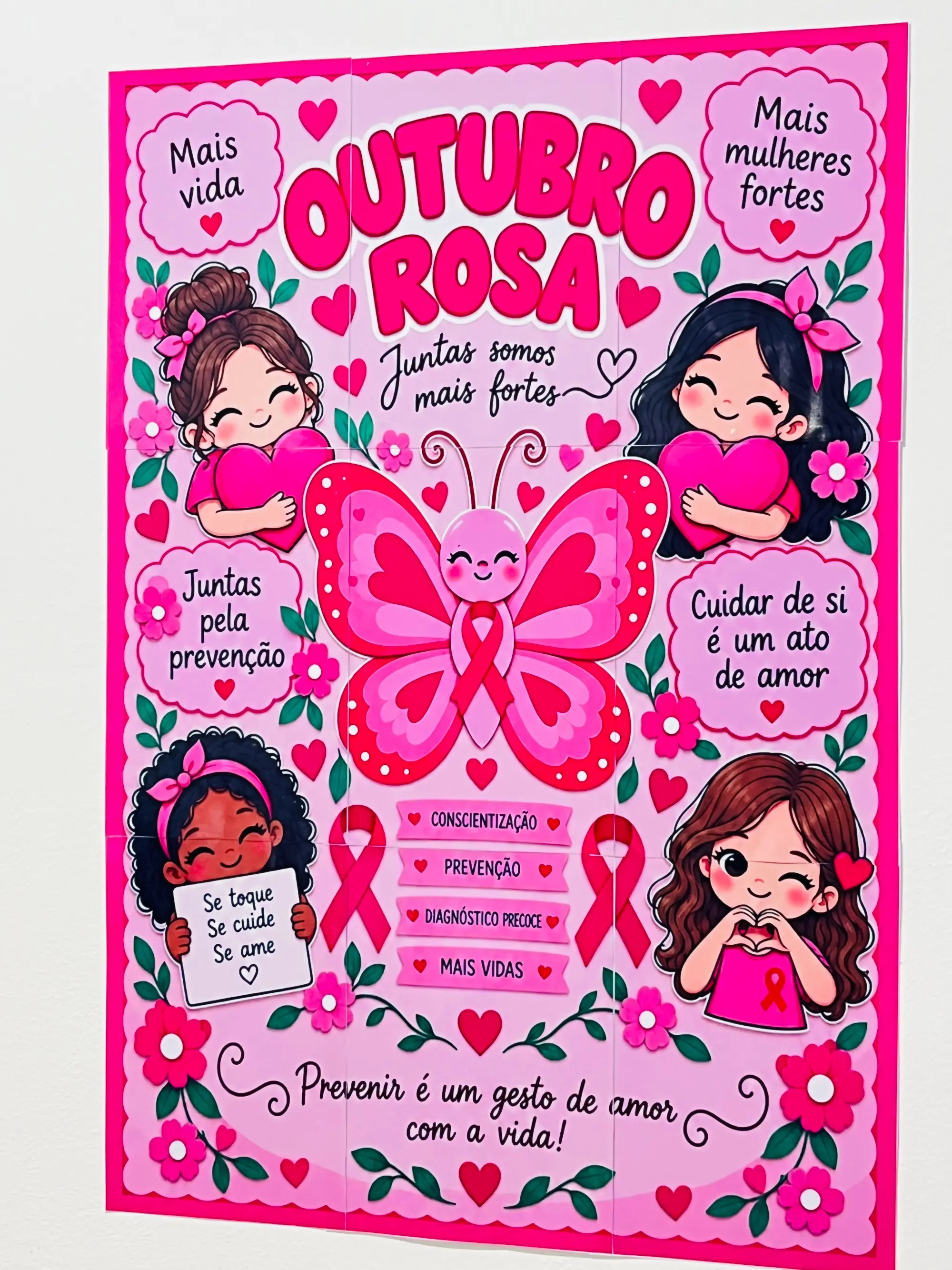 Painel Outubro Rosa – Juntas Somos Mais Fortes — amostra 2: Painel Outubro Rosa para escola, com mensagens de prevenção,…