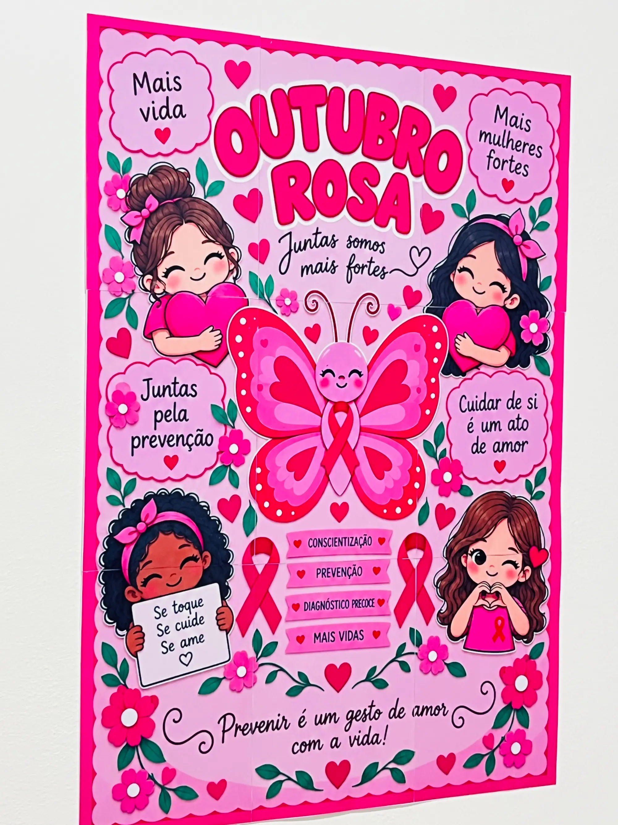 Painel Outubro Rosa – Juntas Somos Mais Fortes — amostra 3: Painel Outubro Rosa para escola, com mensagens de prevenção,…