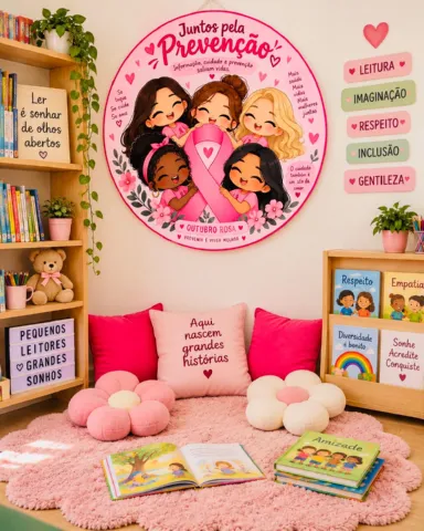 Painel Outubro Rosa – Juntos pela Prevenção — amostra 1: Um painel redondo, delicado e colorido para trabalhar o Outubro…