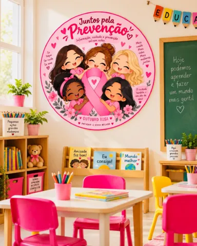 Painel Outubro Rosa – Juntos pela Prevenção — amostra 2: Um painel redondo, delicado e colorido para trabalhar o Outubro…