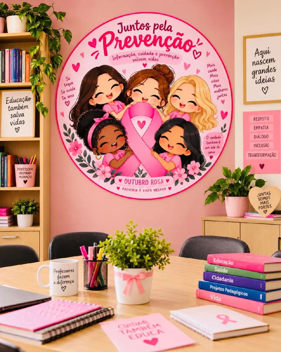 Painel Outubro Rosa – Juntos pela Prevenção — Datas comemorativas para Todas as séries: Um painel redondo, delicado e…