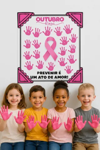 Painel Outubro Rosa para Imprimir – 16 Folhas A4 — amostra 2: Painel Outubro Rosa para imprimir em 16 folhas A4, com laço…