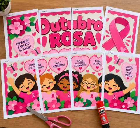 Painel Outubro Rosa para imprimir, 8 folhas A4 para imprimir — amostra 2: O que vem no material