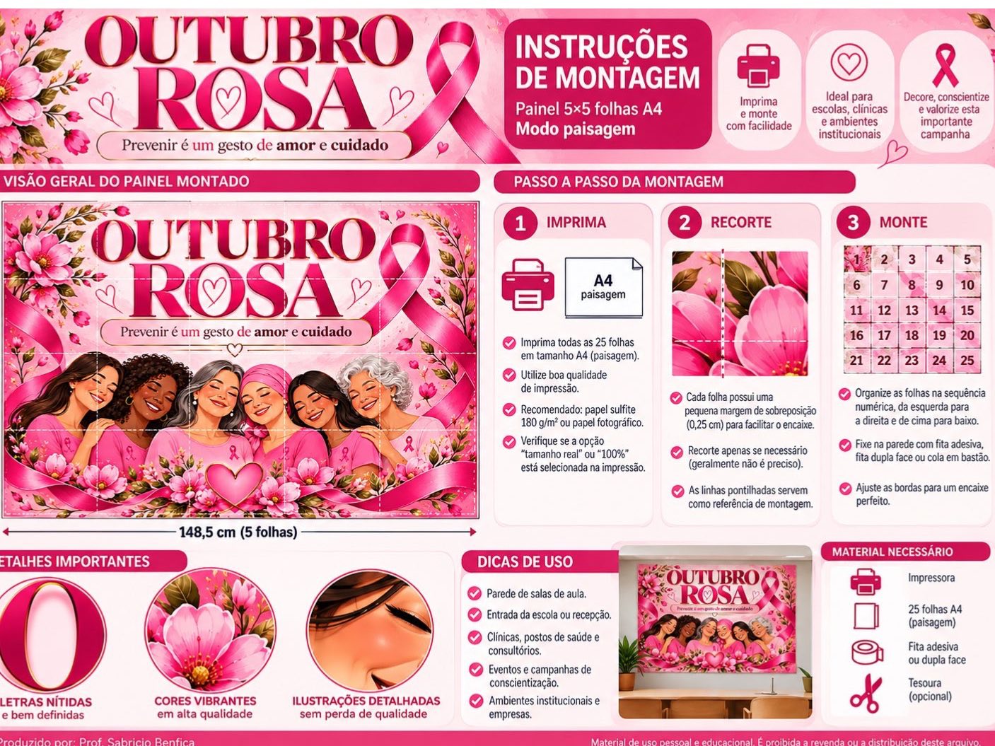 Painel Outubro Rosa para Imprimir em PDF – 25 Folhas A4 — amostra 2: Painel Outubro Rosa em PDF com 25 folhas A4 para…