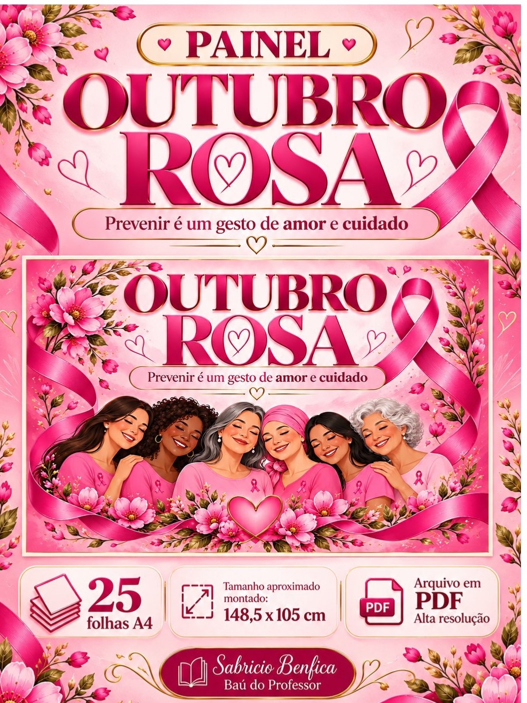 Painel Outubro Rosa para Imprimir em PDF – 25 Folhas A4 — amostra 3: Painel Outubro Rosa em PDF com 25 folhas A4 para…