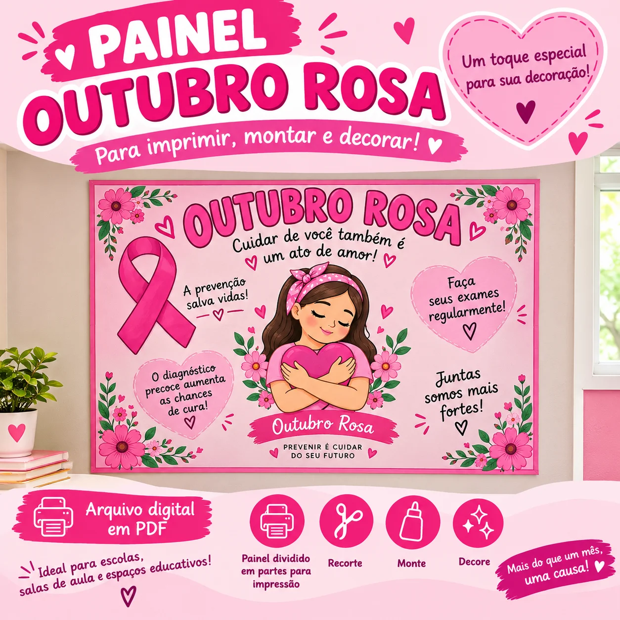 Painel Outubro Rosa – Para Montar em PDF — Datas comemorativas para Educação Infantil: Painel Outubro Rosa para imprimir,…