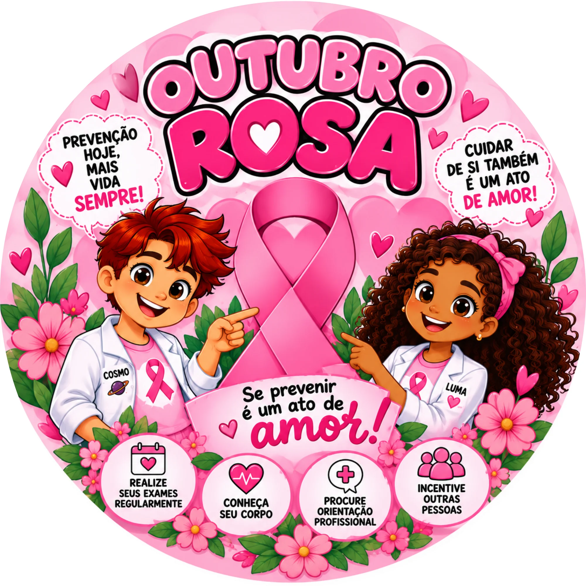 Painel Outubro Rosa PP - Educação Infantil em PDF — amostra 3: Painel Outubro Rosa 50x50 cm com Cosmo e Luma