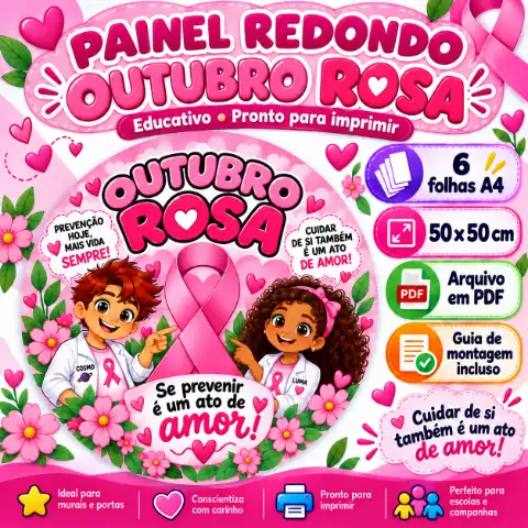 Painel Outubro Rosa PP - Educação Infantil em PDF — amostra 3: Painel Outubro Rosa 50x50 cm com Cosmo e Luma