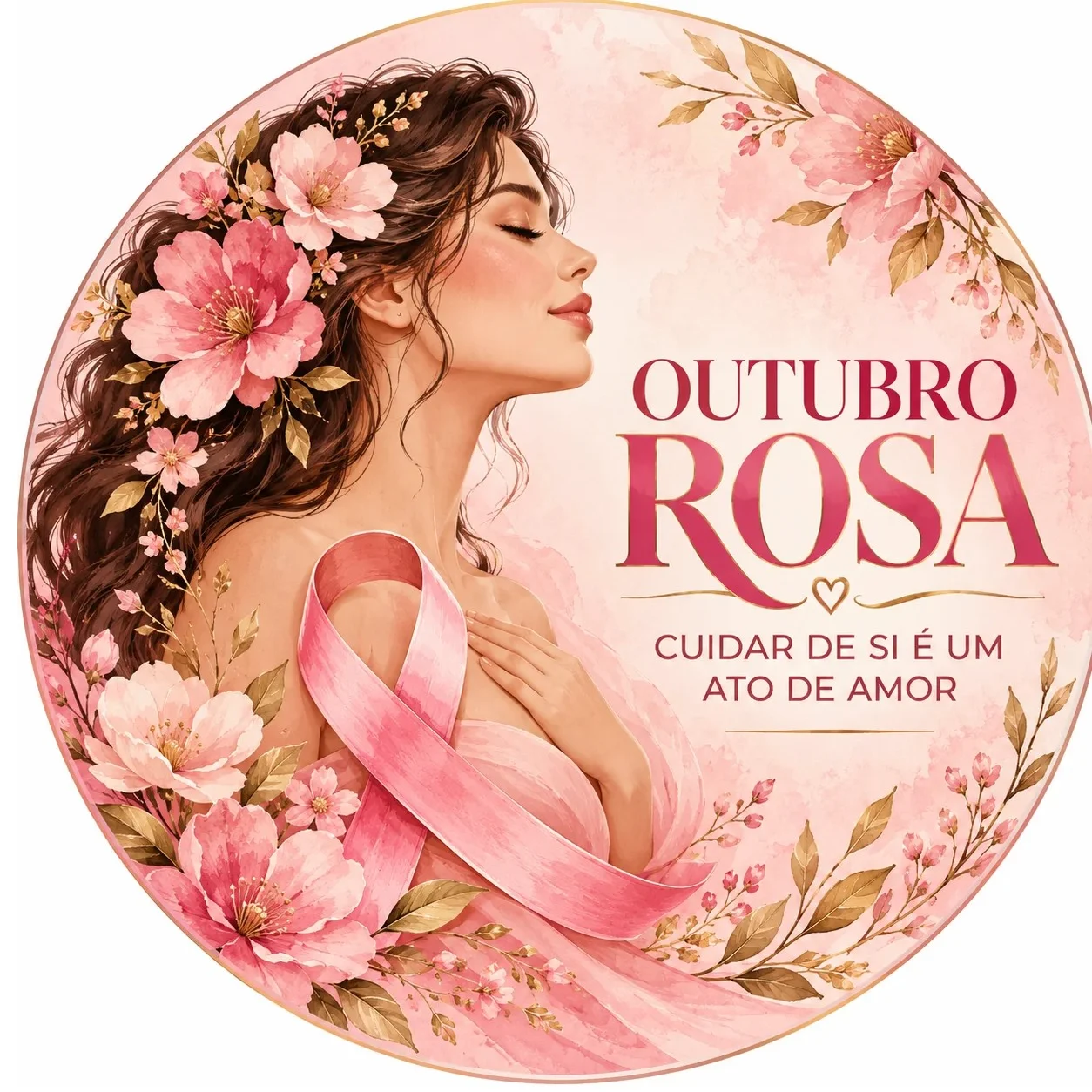 Painel Outubro Rosa redondo - Para imprimir — amostra 1: Painel Outubro Rosa com imagem feminina, composição delicada e… Painel Outubro Rosa redondo - Para imprimir — amostra 1: Painel Outubro Rosa com imagem feminina, composição delicada e…