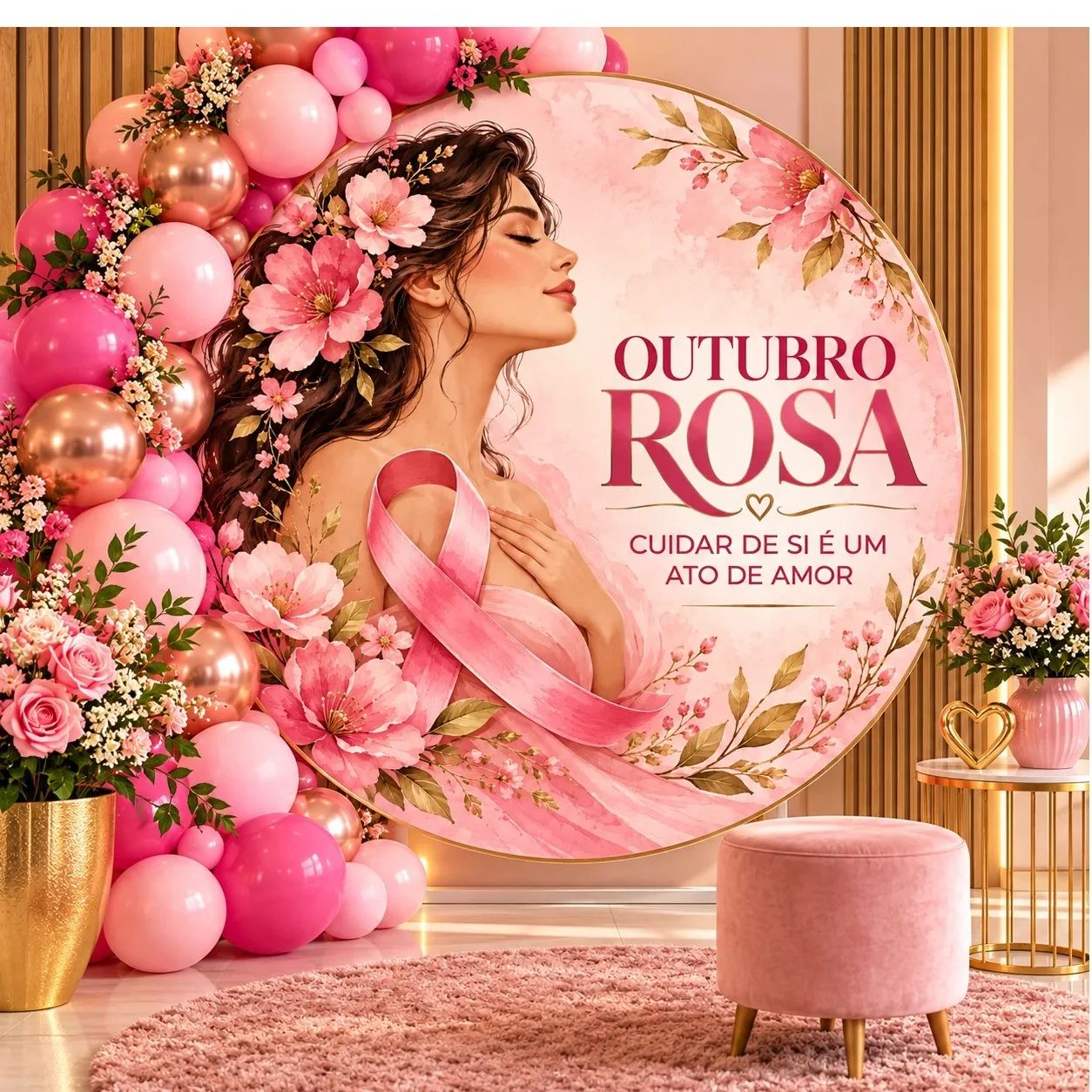 Painel Outubro Rosa redondo - Para imprimir — Datas comemorativas para Todas as séries: Painel Outubro Rosa com imagem…